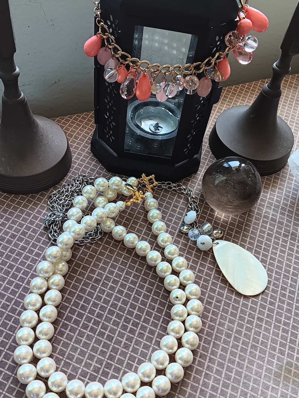 3 necklaces, Double Strand  Faux Pearl Mother Of Pearl & Coral Color necklace.
